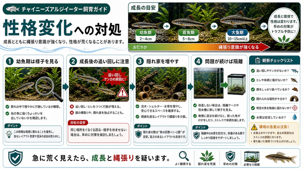 成長に伴う性格変化と対処法の要点をまとめた淡水魚飼育インフォグラフィック