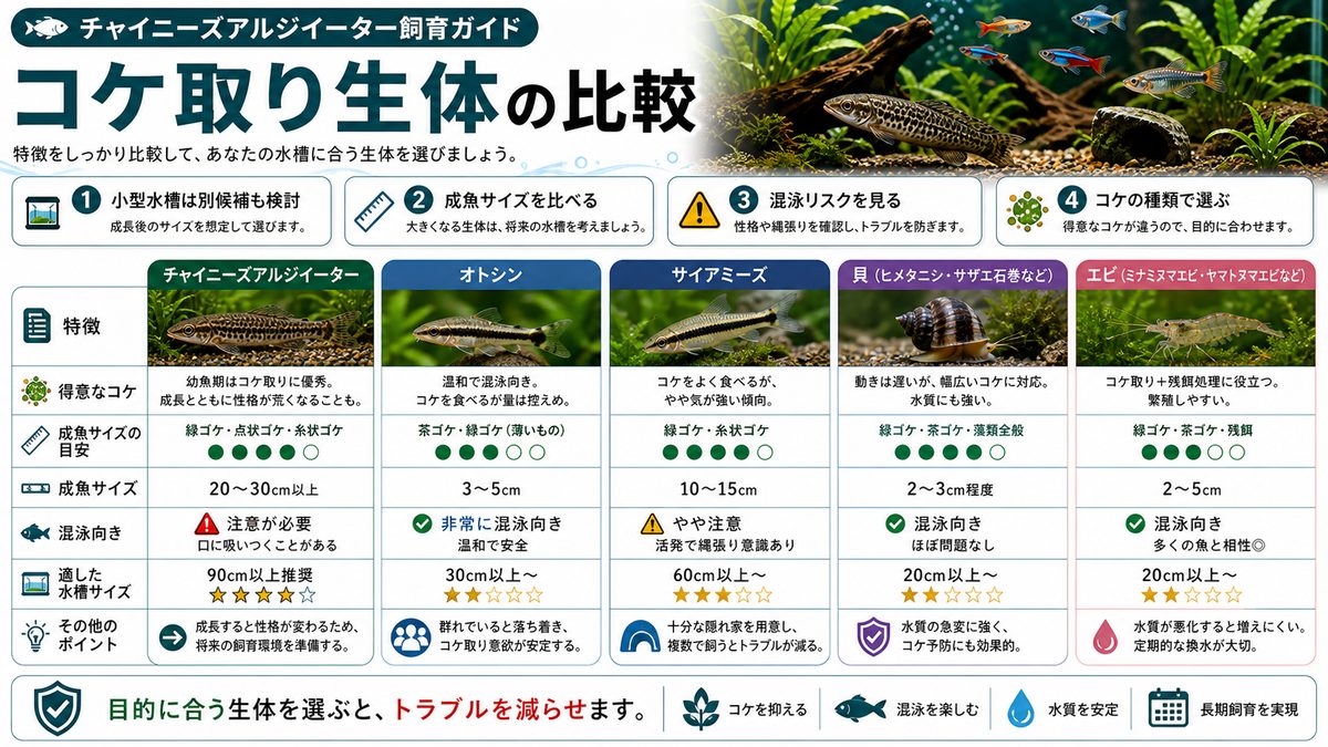 他のコケ取り生体との比較の要点をまとめた淡水魚飼育インフォグラフィック
