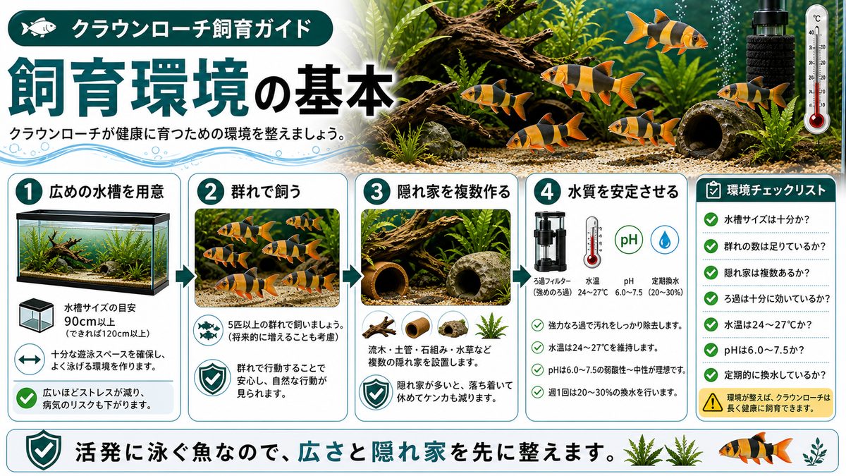 飼育に必要な環境の整え方の要点をまとめた淡水魚飼育インフォグラフィック