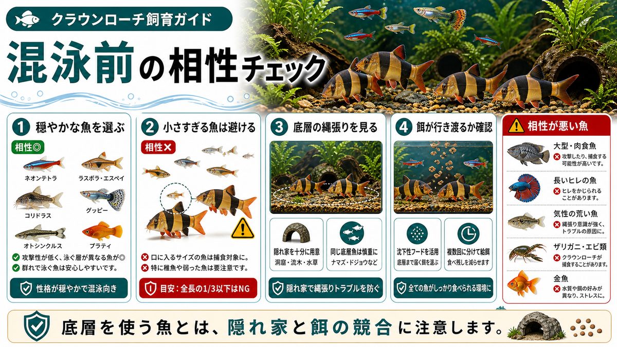 クラウンローチの混泳|相性の良い魚・悪い魚の要点をまとめた淡水魚飼育インフォグラフィック