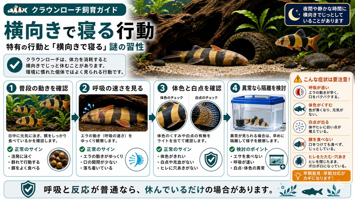 クラウンローチ特有の行動と「横向きで寝る」謎の習性の要点をまとめた淡水魚飼育インフォグラフィック