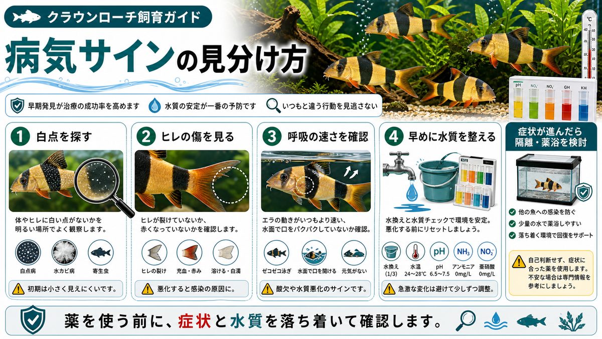 クラウンローチの病気・健康管理の要点をまとめた淡水魚飼育インフォグラフィック
