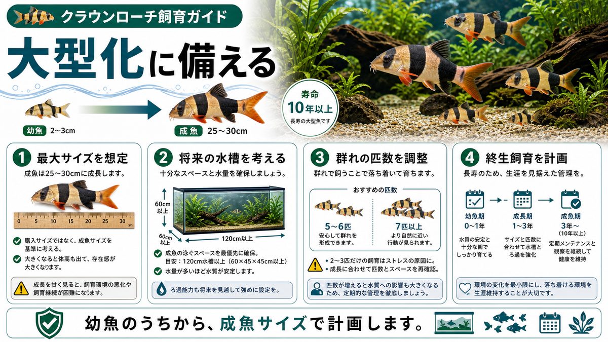 クラウンローチの成長と大型化への対応の要点をまとめた淡水魚飼育インフォグラフィック