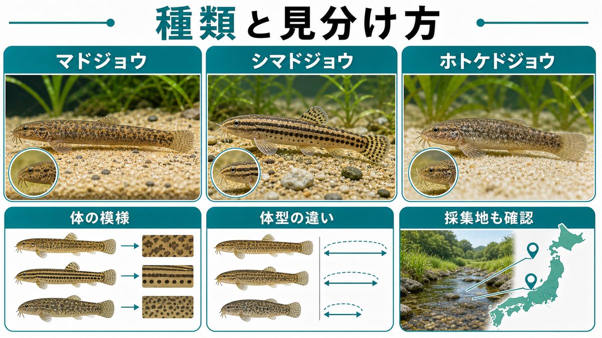 ドジョウの種類と見分け方の要点をまとめた淡水魚飼育インフォグラフィック