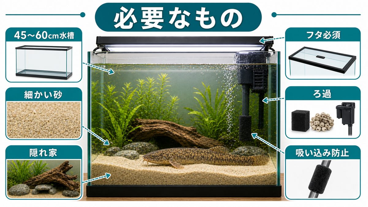 ドジョウの飼育に必要なものの要点をまとめた淡水魚飼育インフォグラフィック