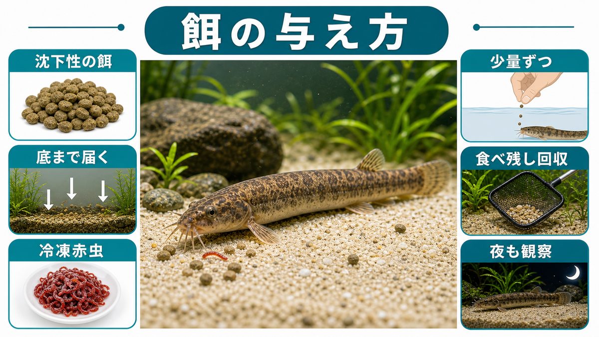 ドジョウの餌と給餌方法の要点をまとめた淡水魚飼育インフォグラフィック
