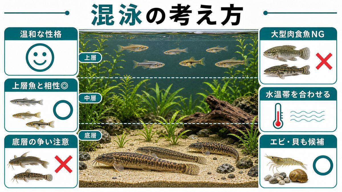 混泳についての要点をまとめた淡水魚飼育インフォグラフィック
