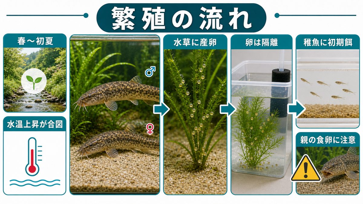 ドジョウの繁殖方法の要点をまとめた淡水魚飼育インフォグラフィック