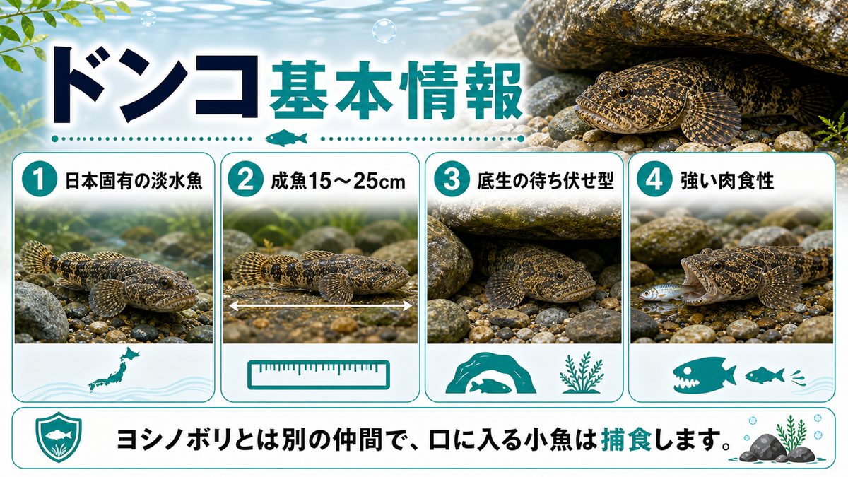 ドンコとはどんな魚?日本固有の肉食淡水魚の概要の要点をまとめた淡水魚飼育インフォグラフィック