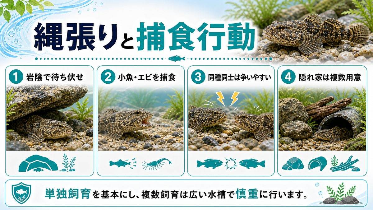 ドンコの生態|捕食・行動・縄張り意識の要点をまとめた淡水魚飼育インフォグラフィック