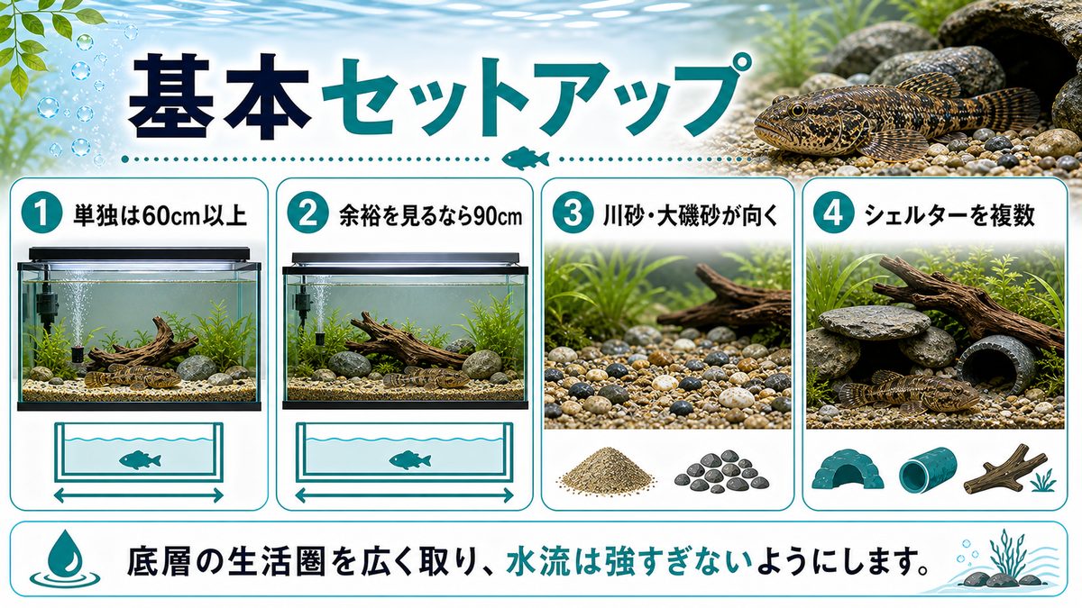 ドンコ飼育の基本セットアップの要点をまとめた淡水魚飼育インフォグラフィック