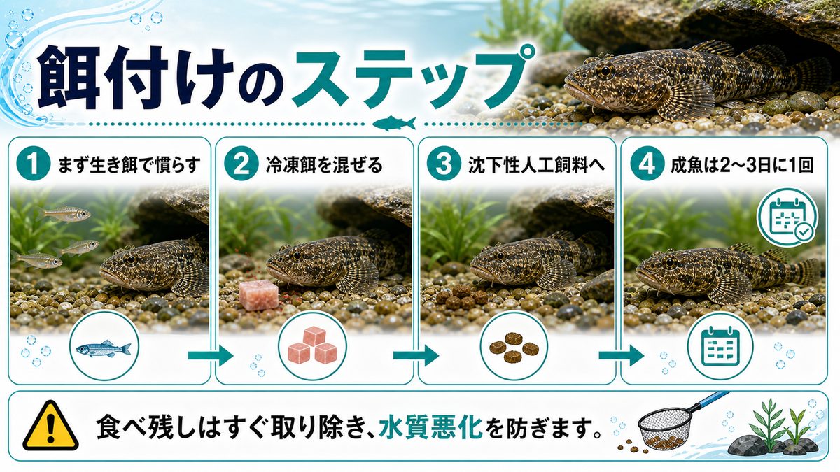 ドンコの餌と給餌方法|人工飼料への移行の要点をまとめた淡水魚飼育インフォグラフィック