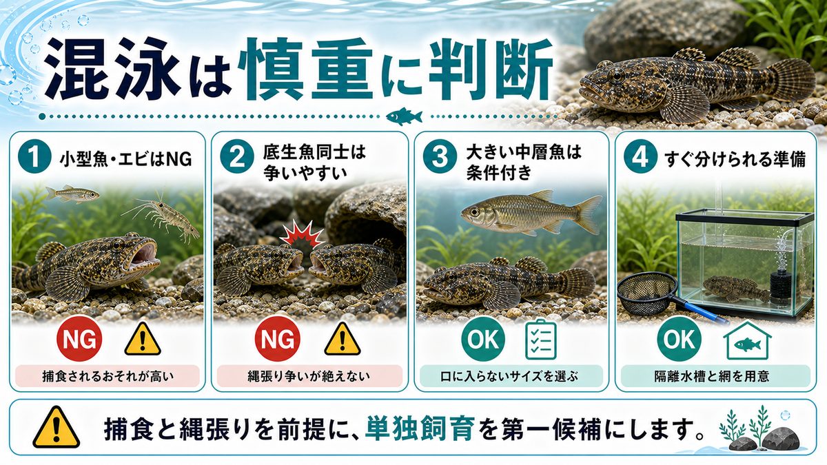ドンコの混泳|相性の良い魚・悪い魚の要点をまとめた淡水魚飼育インフォグラフィック