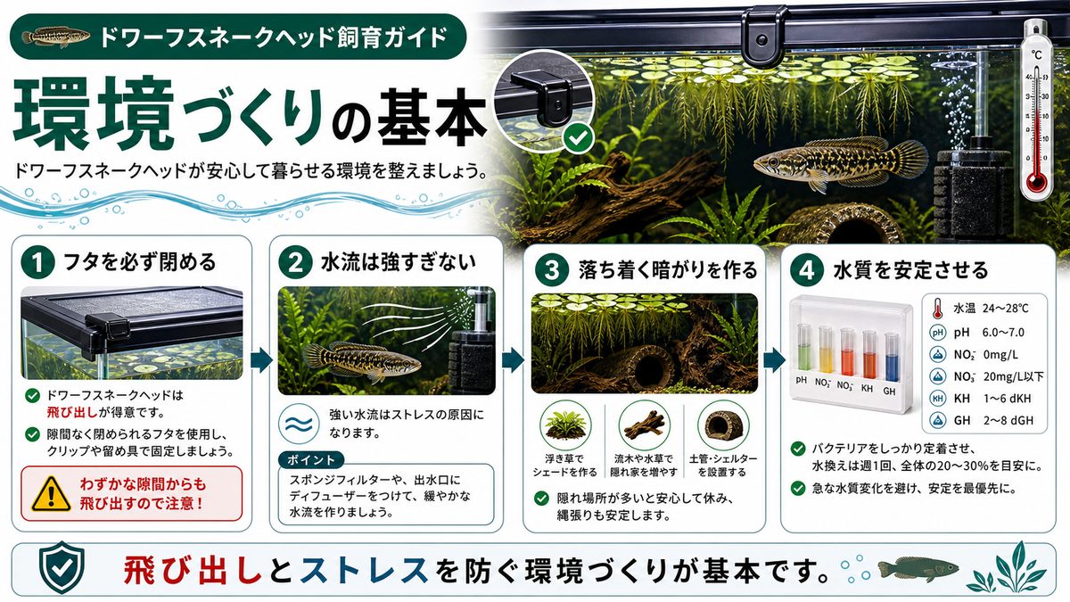 飼育に必要な環境を整えるの要点をまとめた淡水魚飼育インフォグラフィック