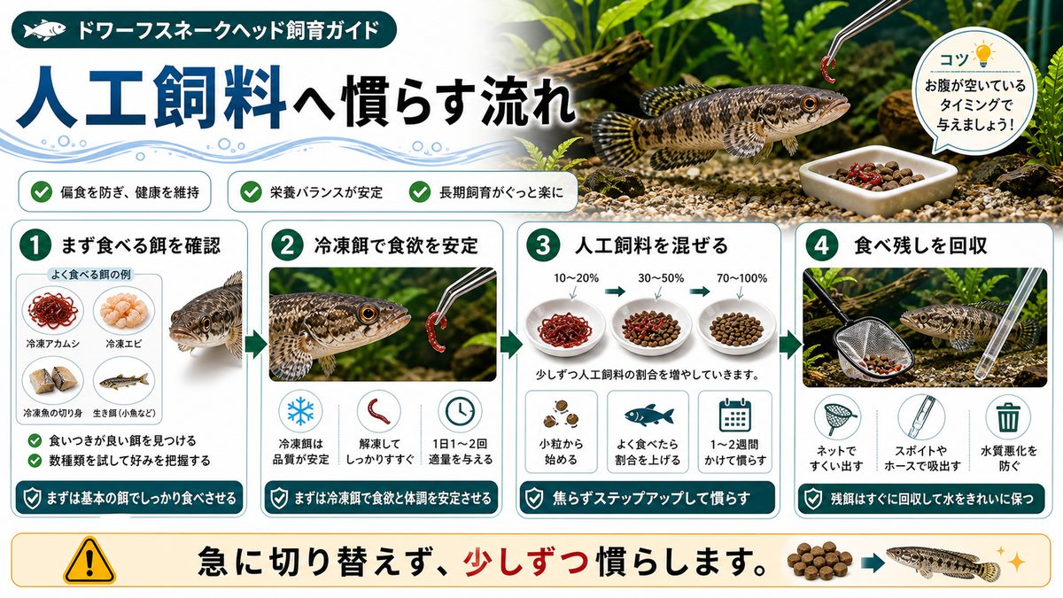 餌の種類と人工飼料への慣らし方の要点をまとめた淡水魚飼育インフォグラフィック