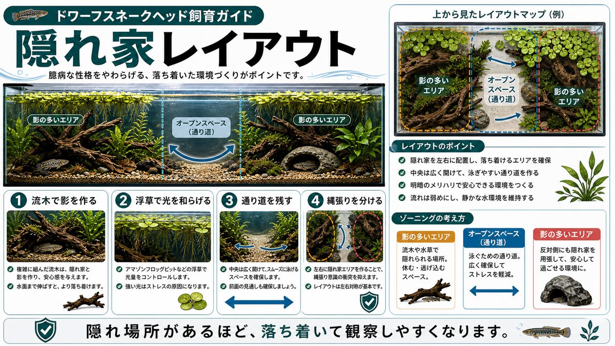 レイアウトと隠れ家の作り方の要点をまとめた淡水魚飼育インフォグラフィック
