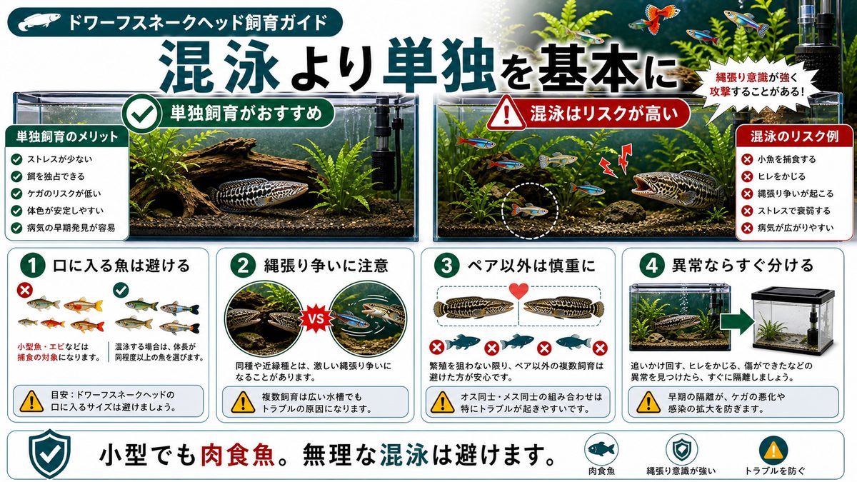 混泳の可否と単独飼育を選ぶ理由の要点をまとめた淡水魚飼育インフォグラフィック