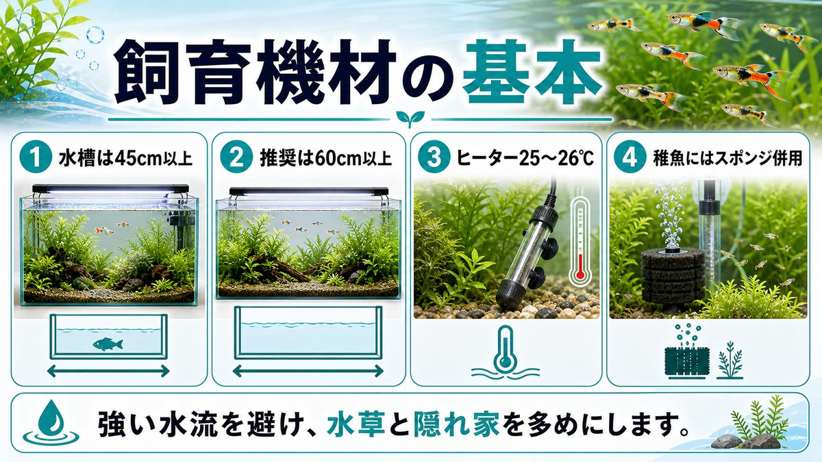 飼育に必要な機材一式の要点をまとめた淡水魚飼育インフォグラフィック