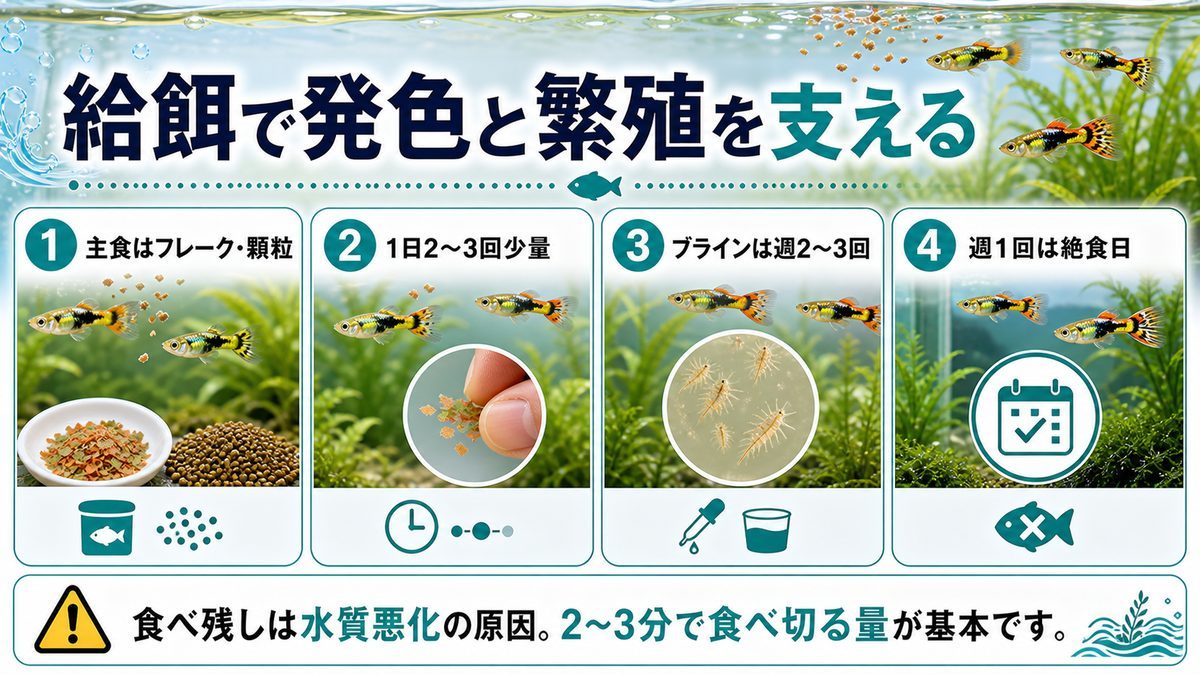 餌の与え方:成長と繁殖を促すベストな給餌の要点をまとめた淡水魚飼育インフォグラフィック