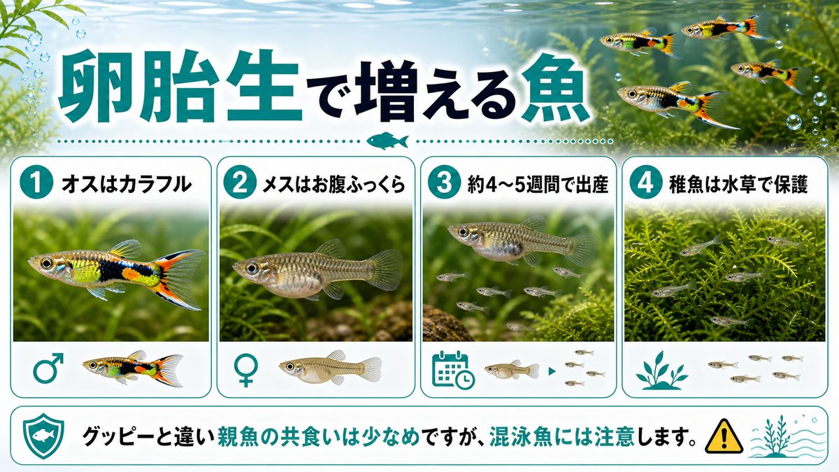 繁殖の喜び:卵胎生メダカの神秘の要点をまとめた淡水魚飼育インフォグラフィック