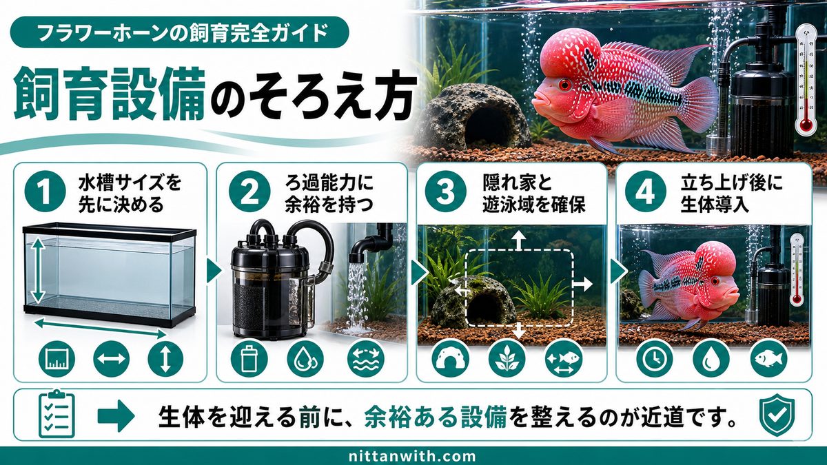 飼育に必要な環境と設備の要点をまとめた淡水魚飼育インフォグラフィック