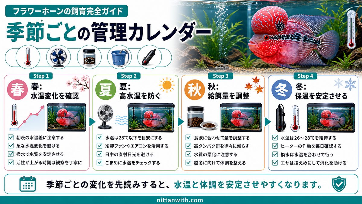 フラワーホーンの年間管理と季節ごとの注意点の要点をまとめた淡水魚飼育インフォグラフィック
