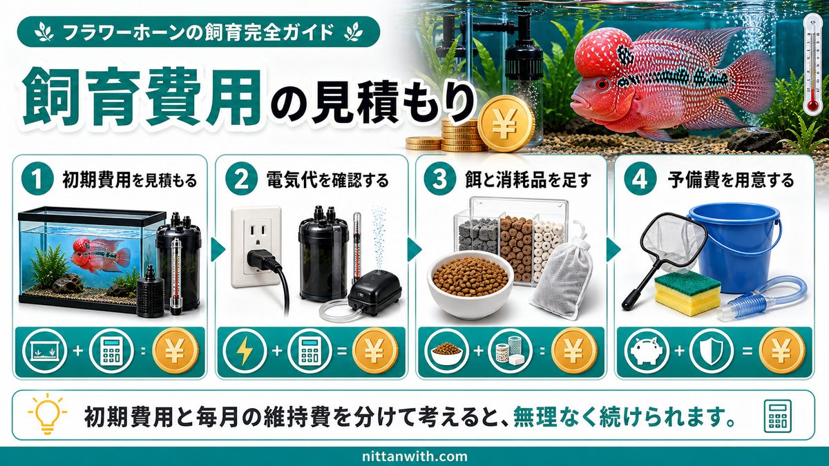 フラワーホーン飼育にかかる費用とランニングコストの目安の要点をまとめた淡水魚飼育インフォグラフィック