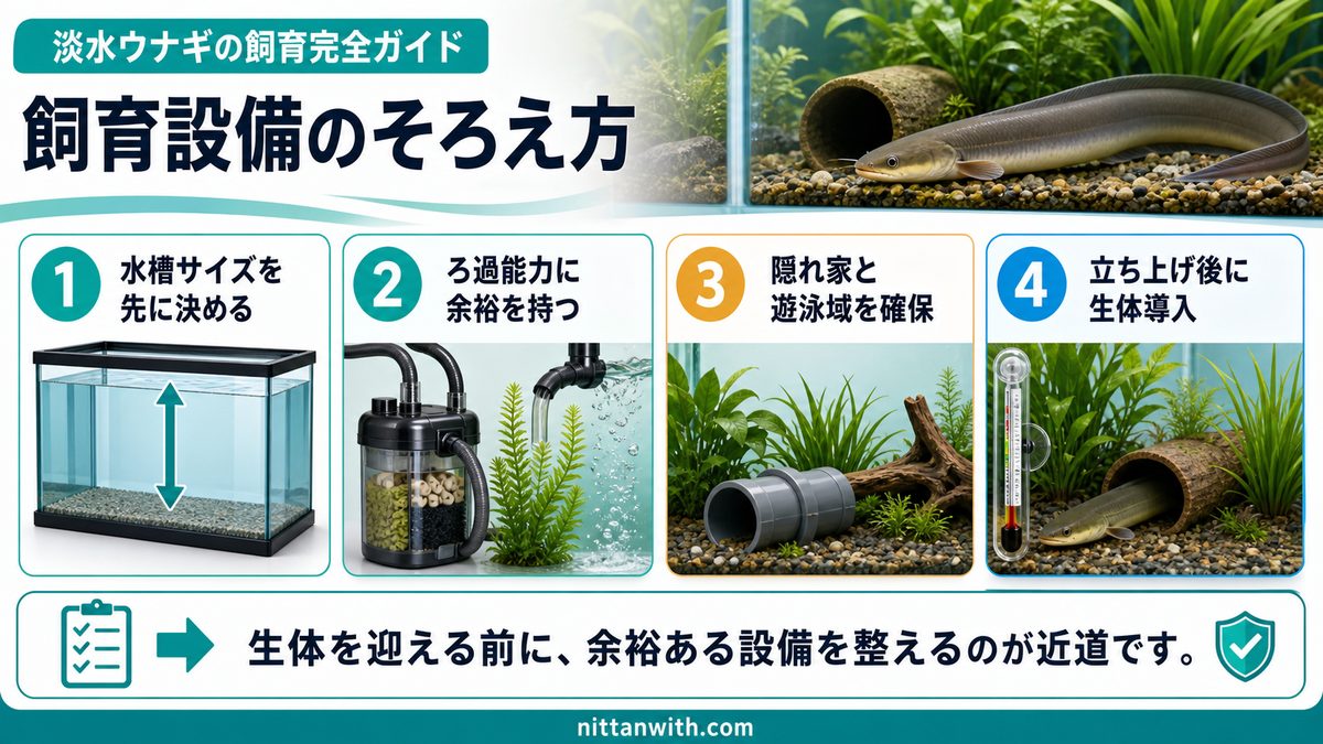 飼育に必要な機材と水槽の選び方の要点をまとめた淡水魚飼育インフォグラフィック