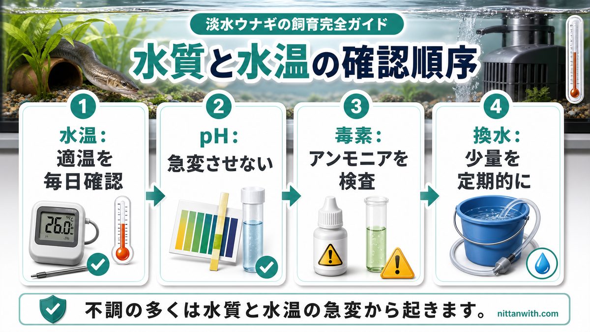 水質管理と水温の基本の要点をまとめた淡水魚飼育インフォグラフィック