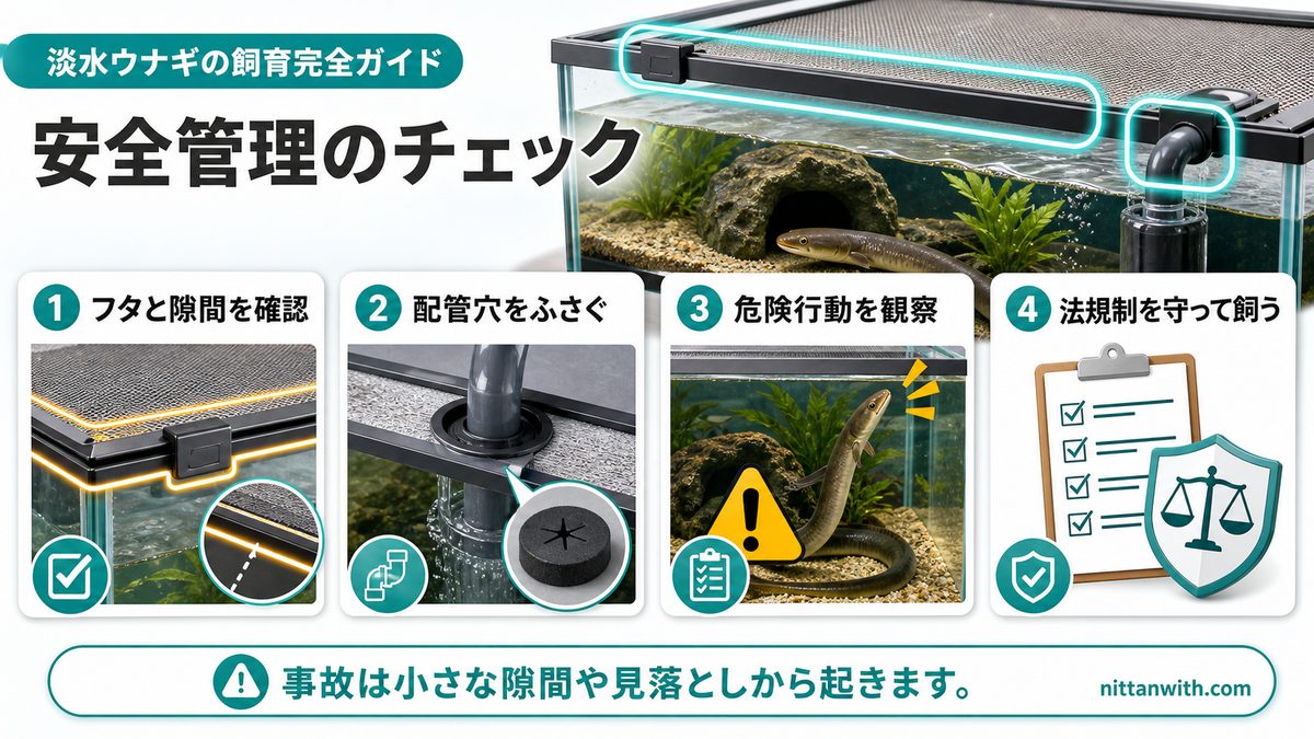 脱走防止を完全攻略する:フタの選び方と固定方法の要点をまとめた淡水魚飼育インフォグラフィック