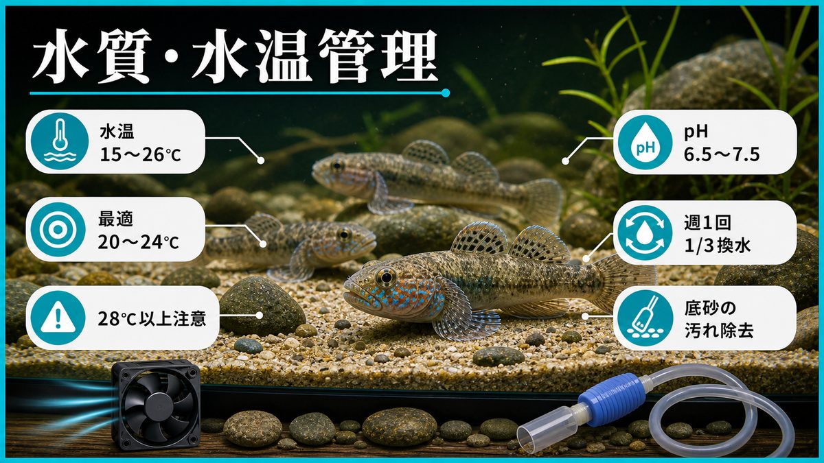 水質・水温の管理の要点をまとめた淡水魚飼育インフォグラフィック
