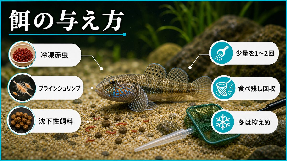 餌の与え方の要点をまとめた淡水魚飼育インフォグラフィック