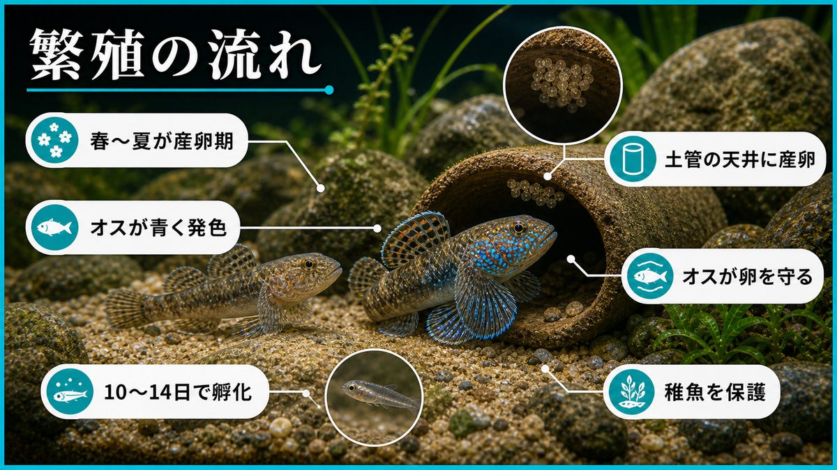 繁殖方法の要点をまとめた淡水魚飼育インフォグラフィック