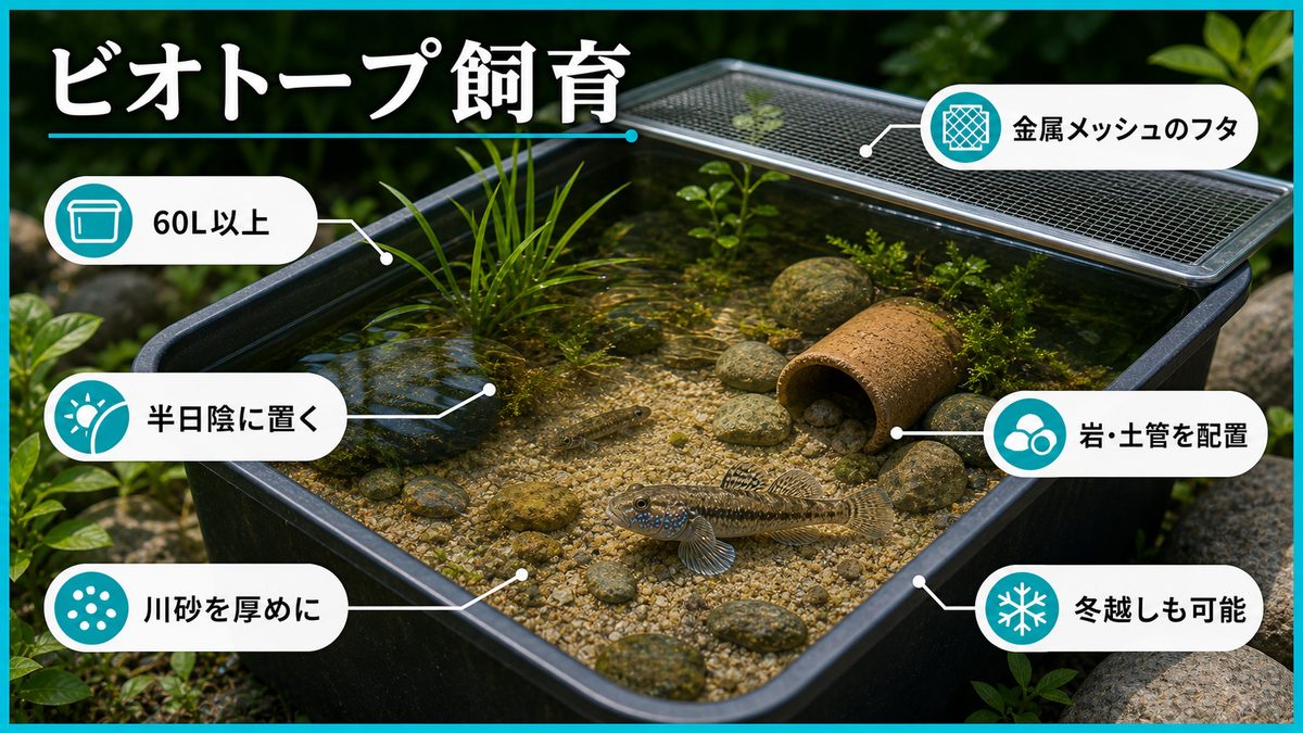 ビオトープでの飼育の要点をまとめた淡水魚飼育インフォグラフィック