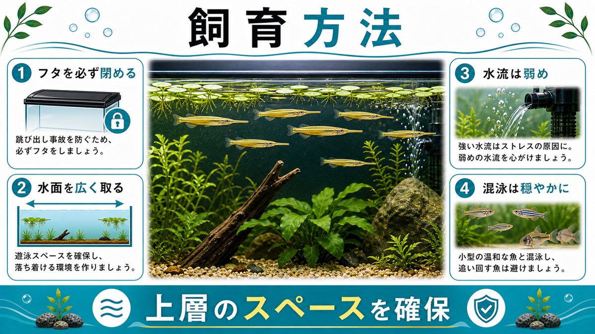 2,ゴールデンデルモゲニー(デルモゲニー)の飼育方法についての要点をまとめた淡水魚飼育インフォグラフィック