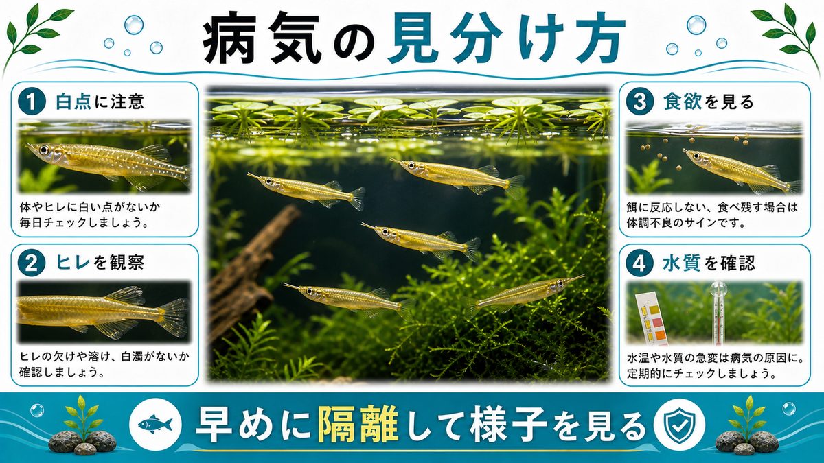 3,デルモゲニーがかかりやすい病気と治療方法についての要点をまとめた淡水魚飼育インフォグラフィック