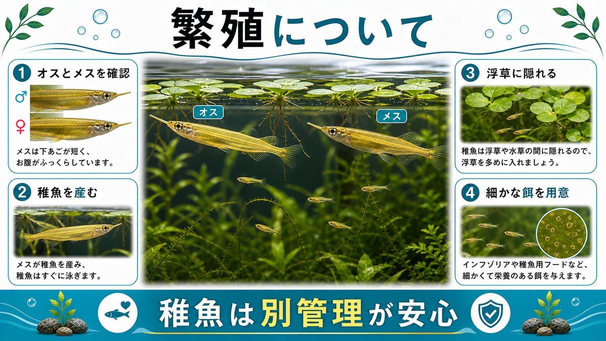 デルモゲニーの繁殖についての要点をまとめた淡水魚飼育インフォグラフィック
