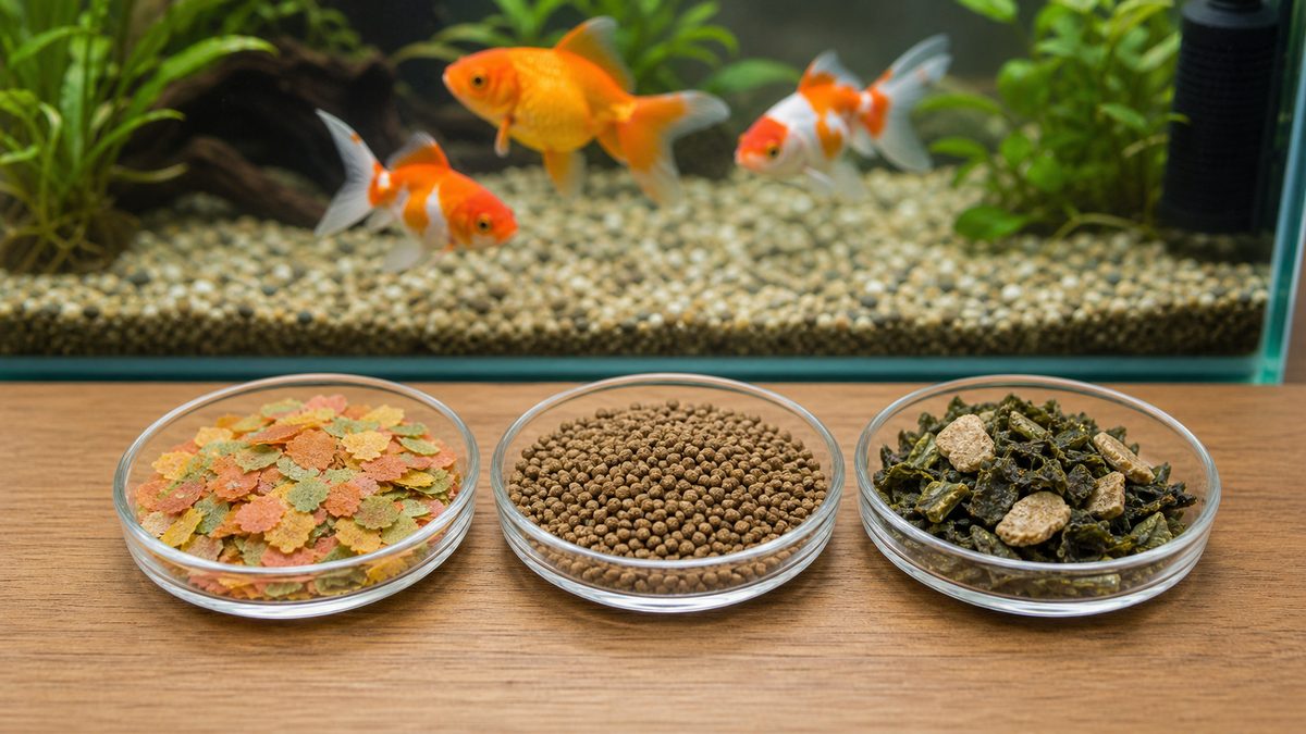金魚の餌の種類を徹底解説|フレーク・粒・天然素材の特徴比較の要点をまとめた淡水魚飼育インフォグラフィック