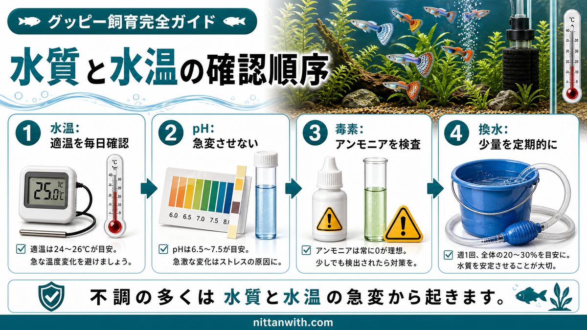 水質管理の基本｜グッピーが好む水環境を作るの要点をまとめた淡水魚飼育インフォグラフィック