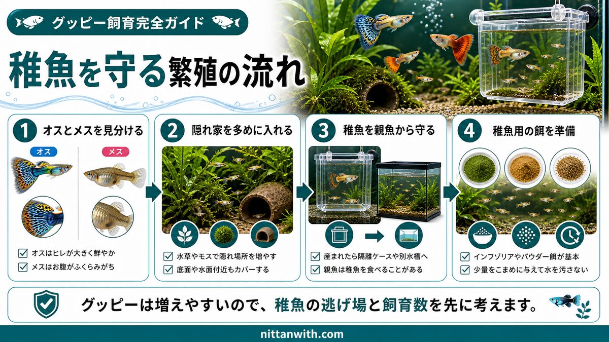 グッピーの繁殖｜稚魚を守って育てるコツの要点をまとめた淡水魚飼育インフォグラフィック