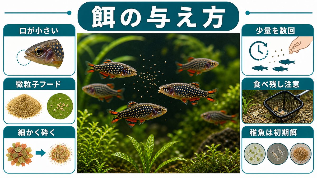 餌の与え方の要点をまとめた淡水魚飼育インフォグラフィック