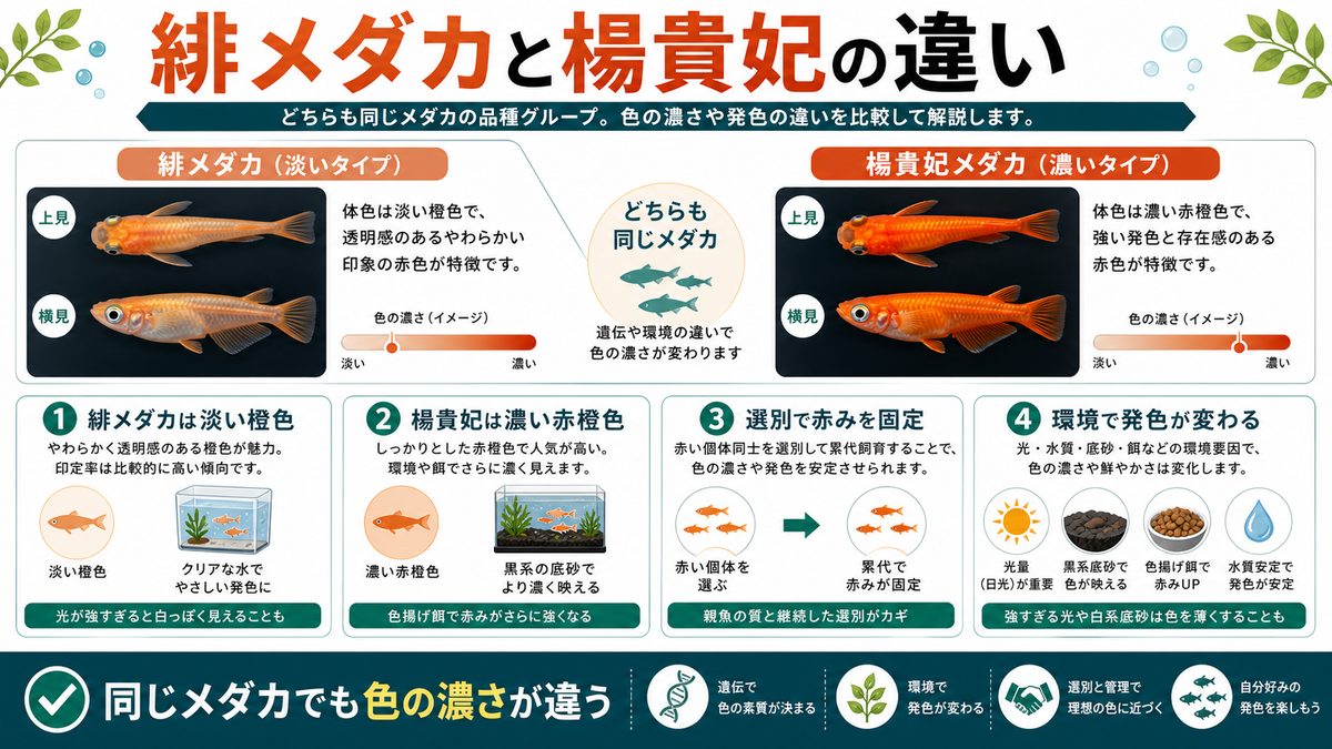 緋メダカと楊貴妃メダカの違いの要点をまとめた淡水魚飼育インフォグラフィック