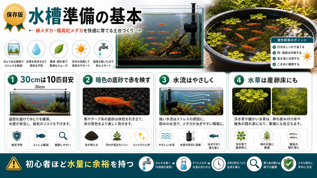 飼育水槽の準備の要点をまとめた淡水魚飼育インフォグラフィック