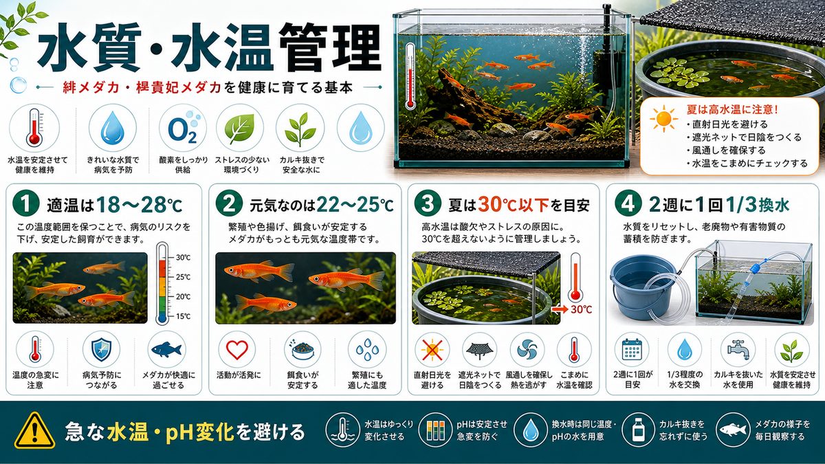 水質・水温管理の要点をまとめた淡水魚飼育インフォグラフィック
