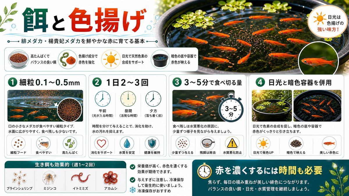 餌と色揚げの要点をまとめた淡水魚飼育インフォグラフィック