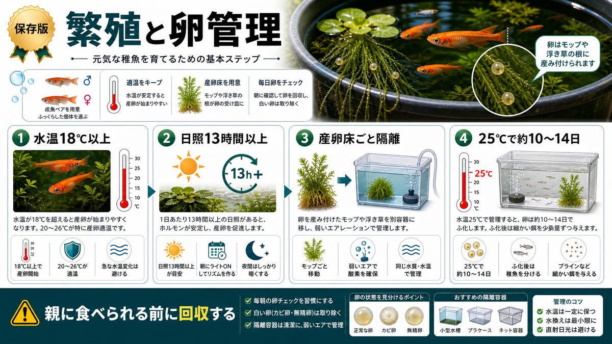 繁殖と卵管理の要点をまとめた淡水魚飼育インフォグラフィック