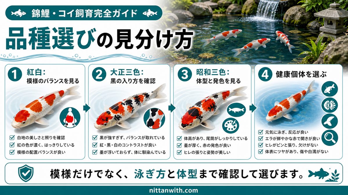 錦鯉の主要品種と選び方の要点をまとめた淡水魚飼育インフォグラフィック