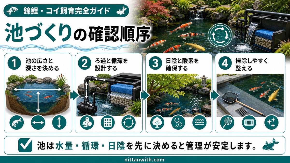 池飼育の環境整備と管理のポイントの要点をまとめた淡水魚飼育インフォグラフィック