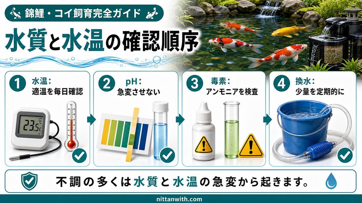 水質管理と換水の手順の要点をまとめた淡水魚飼育インフォグラフィック