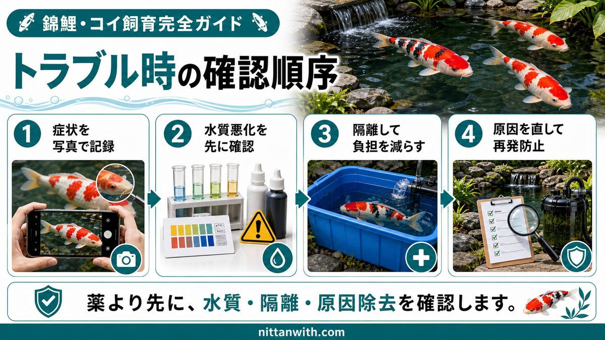 コイの病気対策と治療方法の要点をまとめた淡水魚飼育インフォグラフィック